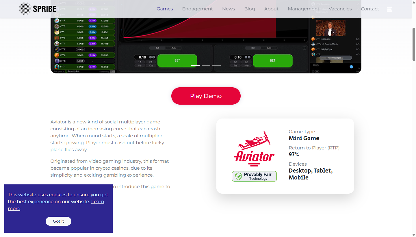 Official Aviator game interface by SPRIBE